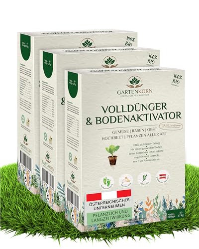 Gartenkorn Rasen Volldünger & Bodenaktivator, Langzeit Rasendünger für Frühjahr, Sommer & Herbst, organischer Dünger mit Stickstoff, Phosphor & Kalium, Bio-Langzeitdünger Streuwagen (5,1kg für 35m²) von GARTENKORN