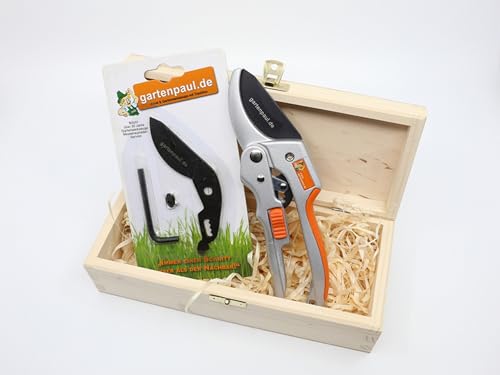 Gartenpaul Ratschen Gartenschere | Limited Edition inkl. Ersatzklingen-Set und Gartenpaul Holzbox | Kostenloser Schleifservice | Amboss Gartenschere | Stufenschere von GARTENPAUL