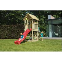 Spielturm kiosk B105 x T105 cm Lärche natur inkl. Bodenanker und Rutsche 300 cm-Blau von GARTENWELT RIEGELSBERGER