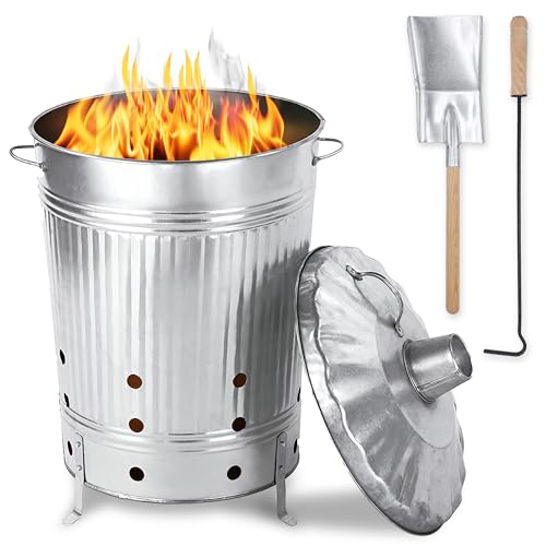 GARTHEIN - 90 Liter Große Feuertonne Set mit Kohleschaufel und Schürhaken für den Gartenabfall mit Deckel in Silber, Metallfass verzinkt, Feuer Verbrennungstonne Laub, Gartenarbeit, Feuerschale GARTHEIN - 90 Liter Große Feuertonne Set mit Kohleschaufel und Schürhaken für den Gartenabfall mit Deckel in Silber, Metallfass verzinkt, Feuer Verbrennungstonne Laub, Gartenarbeit, Feuerschale von GARTHEIN