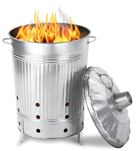 GARTHEIN - 90 Liter Große Feuertonne für den Gartenabfall mit Deckel in Silber, Metallfass verzinkt, Feuer Verbrennungstonne für Laub, Gartenarbeit, Feuerschale mit Deckel, Terrassenofen, Feuerkorb GARTHEIN - 90 Liter Große Feuertonne für den Gartenabfall mit Deckel in Silber, Metallfass verzinkt, Feuer Verbrennungstonne für Laub, Gartenarbeit, Feuerschale mit Deckel, Terrassenofen, Feuerkorb von GARTHEIN