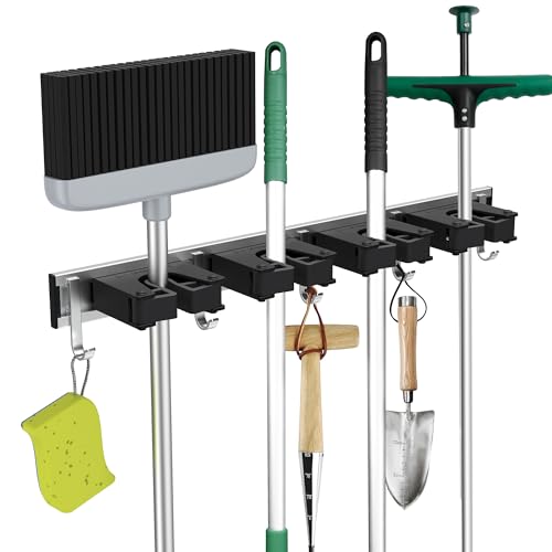GARTOL Besenhalterung Wand, Gartengerätehalter, Wandhalterung mit 4 Halter und 5 Haken, Besenhalter Werkzeughalter Organizer für Garten Badezimmer Küche Zuhause von GARTOL