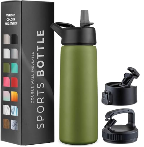 750 ml Isolierflasche aus Edelstahl - Dreifachwandige Trinkflasche mit Strohhalm & 3 auslaufsicheren Verschlüssen - Für Reisen, Schule, Sport, Fitness (Armeegrün) von GARUET