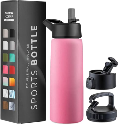 750 ml Isolierflasche aus Edelstahl - Dreifachwandige Trinkflasche mit Strohhalm & 3 auslaufsicheren Verschlüssen - Für Reisen, Schule, Sport, Fitness (Auffällige Französische Rose) von GARUET