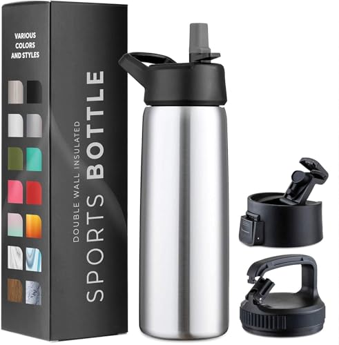 750 ml Isolierflasche aus Edelstahl - Dreifachwandige Trinkflasche mit Strohhalm & 3 auslaufsicheren Verschlüssen - Für Reisen, Schule, Sport, Fitness (Edelstahl gebürstet) von GARUET