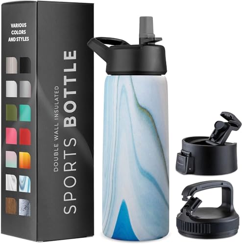 750 ml Isolierflasche aus Edelstahl - Dreifachwandige Trinkflasche mit Strohhalm & 3 auslaufsicheren Verschlüssen - Für Reisen, Schule, Sport, Fitness (Edler Blau-Marmor) von GARUET