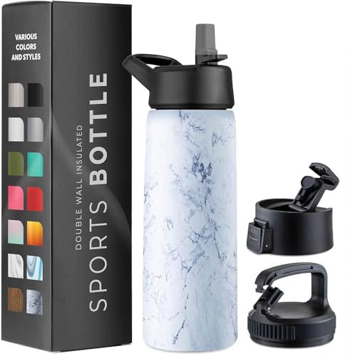 750 ml Isolierflasche aus Edelstahl - Dreifachwandige Trinkflasche mit Strohhalm & 3 auslaufsicheren Verschlüssen - Für Reisen, Schule, Sport, Fitness (Frischer Weißmarmor) von GARUET