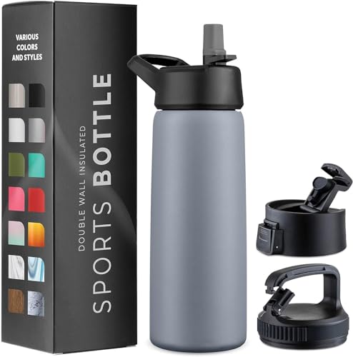 750 ml Isolierflasche aus Edelstahl - Dreifachwandige Trinkflasche mit Strohhalm & 3 auslaufsicheren Verschlüssen - Für Reisen, Schule, Sport, Fitness (Modernes Lavagrau) von GARUET