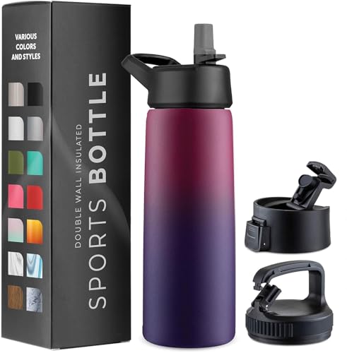 750 ml Isolierflasche aus Edelstahl - Dreifachwandige Trinkflasche mit Strohhalm & 3 auslaufsicheren Verschlüssen - Für Reisen, Schule, Sport, Fitness (Mystisches Lila) von GARUET