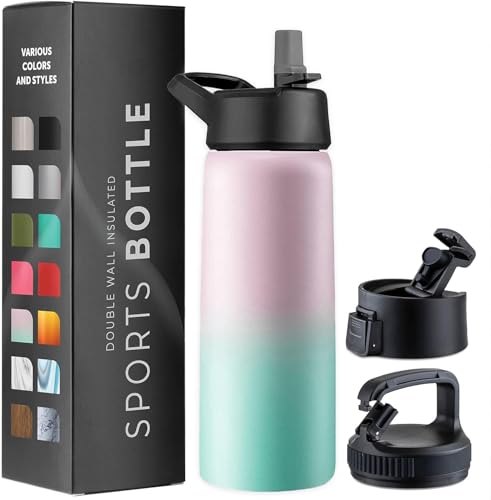750 ml Isolierflasche aus Edelstahl - Dreifachwandige Trinkflasche mit Strohhalm & 3 auslaufsicheren Verschlüssen - Für Reisen, Schule, Sport, Fitness (Zauberhaftes Pinkgrün) von GARUET