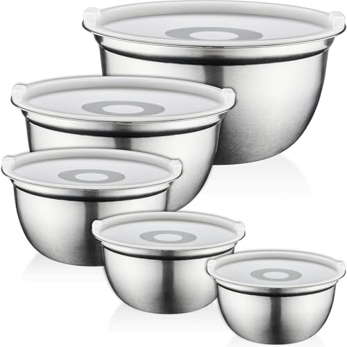 GARUET Edelstahl-Rührschüssel-Set – leicht zu reinigen, stapelbare Schüsseln für platzsparende Lagerung, ideal zum Kochen, Backen, Zubereiten (5, mit Deckel) von GARUET