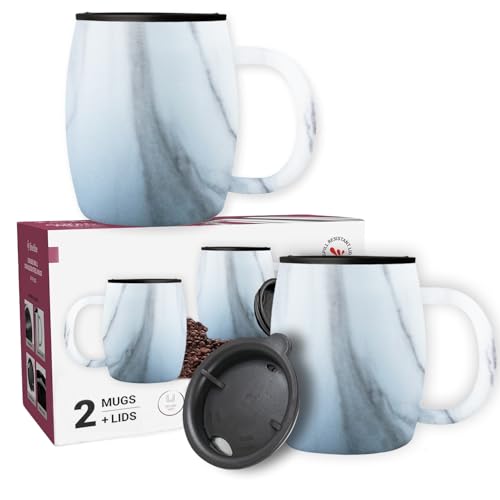 GARUET Isolierter Edelstahl-Kaffeebecher mit Deckel und Griff, 400 ml, BPA-freier, auslaufsicherer Deckel, doppelwandige Camping-Kaffeetassen (weißer Marmor, 400 ml) von GARUET