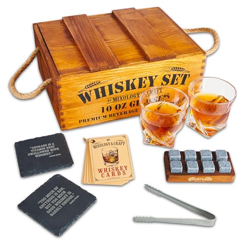 Mixology Whiskey Geschenkset - Whiskey Glas Set mit Rustikaler Holzkiste, 8 Granit Whiskey Steine, 10 Unzen Whiskey Gläser, für Männer, Vater, Ehemann, von GARUET