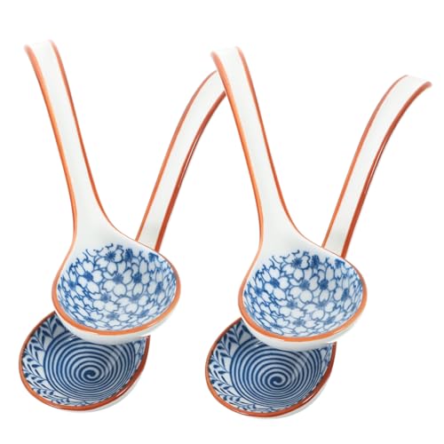 GARVALON Keramik Suppenlöffel 4 Stück Japanische Löffel mit Langem Griff Ergonomisches Design Geeignet für Suppe Brei Ramen Einzug Küche Essgeschirr von GARVALON