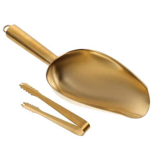 GARVALON Edelstahl Eisportionierer Gold mit Großer Eisschaufel und Lebensmittelechter Zange Kratzfest Anti fall für Küche Bar Restaurant Eiswürfel Popcorn Buffet von GARVALON