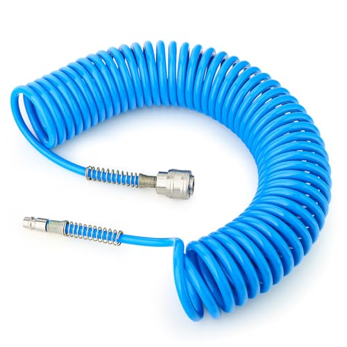 GASHER 1/4" x 10m Polyurethan Rückspul-Luftschlauch 8mm Außendurchmesser mit Biegedrossel, 1/4" Europa Schnellkupplung und Stecker, für Luftkompressor, blau(GO) von GASHER