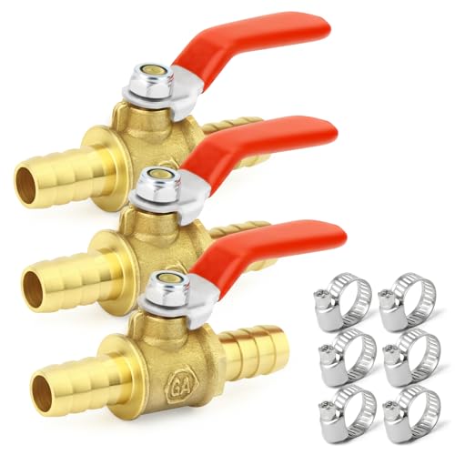 GASHER 3Stück 12mm Zoll Heavy-Duty Messing Barb Kugelhahn mit 6Stück Klemmen 90 Grad Betrieb Handle von GASHER