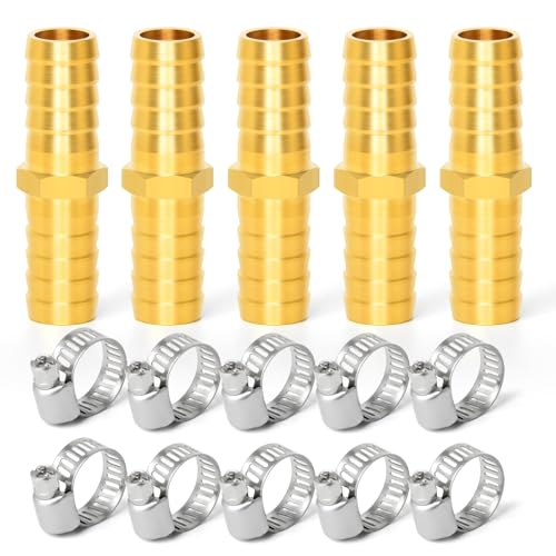 GASHER 5 Stück Messing Schlauch Barb Reducer, 10mm Zoll auf 10mm Zoll Barb Schlauch ID mit 10 Schlauchschelle, Messing Barb Reducer SPLICER Fitting Kraftstoff/Luft/Wasser/Öl/Gas/WOG von GASHER