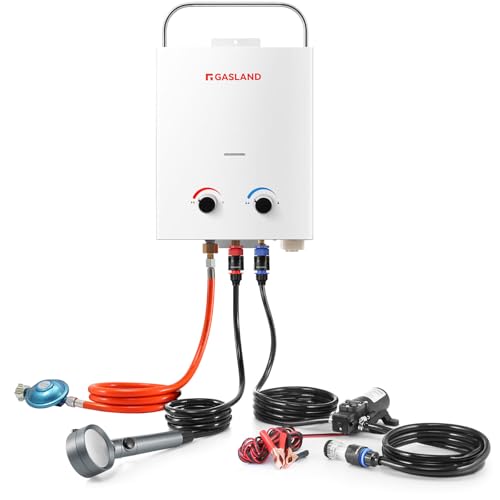 GASLAND AS132 Pro-DE Tragbarer Gas-Durchlauferhitzer, 50mbar(Butan oder Propan), 5L lpg Gas-Wassererhitzer mit Wasserpumpe und Rohrsieb für RV Camping Dusche Waschen Pferd von GASLAND