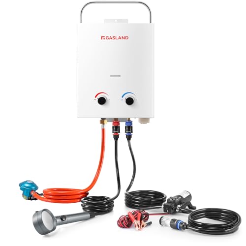 GASLAND AS132 Pro Tragbarer Gas-Durchlauferhitzer, 28-30mbar(Butan) oder 37mbar(Propan), 5L lpg Gas-Wassererhitzer mit Wasserpumpe und Rohrsieb für RV Camping Dusche Waschen Pferd von GASLAND