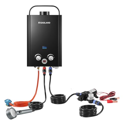 GASLAND BE158BP60 6L Tankless Gasdurchlauferhitzer 30/37mbar, LPG Durchlauferhitzer Tragbarer mit 12V Wasserpumpe für Campingdusche/Wohnmobilausflug/Waschpferd von GASLAND