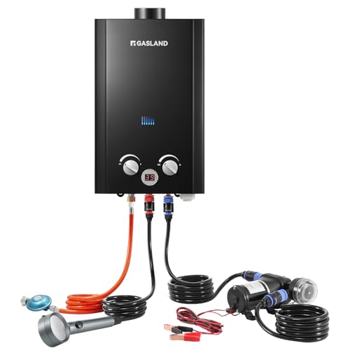 GASLAND BE264BQ120-DE Durchlauferhitzer, 10 Liter Gas Warmwasserbereiter mit Wasserpumpe für den Außenbereich, Butan (50 mbar)/Propan (50 mbar), für Camping, Wohnmobil, Scheune von GASLAND
