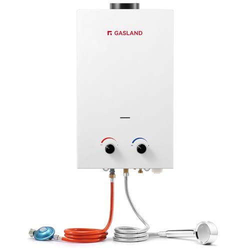 GASLAND BS264 10L 50mbar Tankless Gasdurchlauferhitzer, Gas Wasser Heizung Tragbarer mit Griff Falten, LPG Durchlauferhitzer für Campingdusche/Wohnmobilausflug/Waschpferd von GASLAND