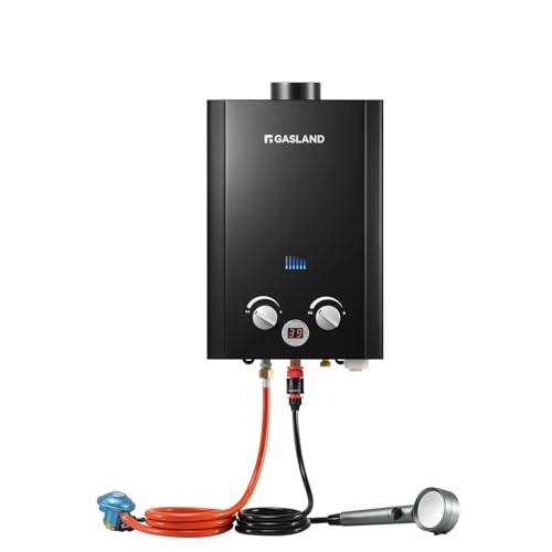 GASLAND BE264B Gas Durchlauferhitzer Propangas 10 Liter Camping Durchlauferhitzer Gastherme 50mbar Campingdusche Warmwasser mit Überhitzungsschutz für Wohnmobil Hütte Scheune von GASLAND