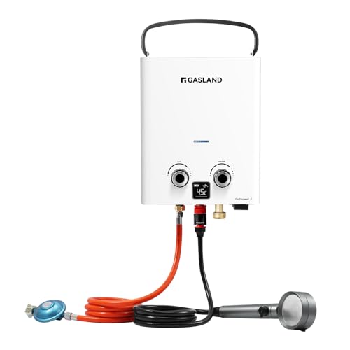 GASLAND Go Shower G5-DE Gas-Durchlauferhitzer, Propan/Butan (50mbar) Warmwasserbereiter für den Außenbereich mit Schnellanschluss-Duschkit, Warmwasserduschen für Camping von GASLAND