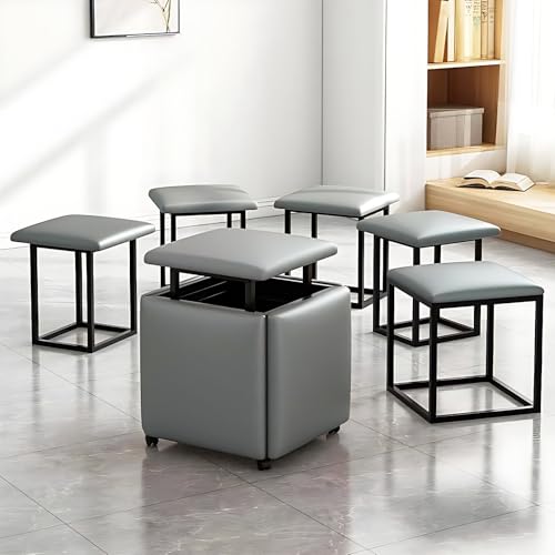 GASLIKE Multifunktionaler Sitzwürfel mit 5 ineinander stapelbaren Hockern, platzsparender Sitzhocker mit verstecktem Stauraum, kunstlederbezogen – 45 × 45 × 46 cm (Grau) von GASLIKE
