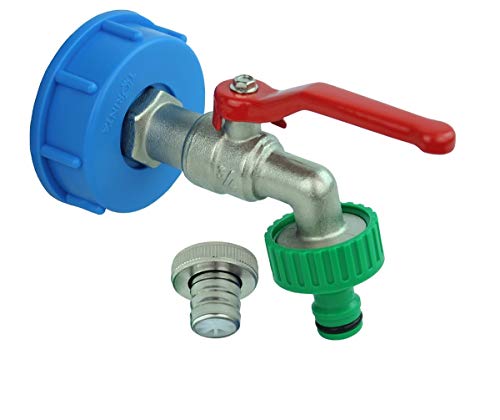 GASMIS IBC Adapter mit Auslaufhahn S60x6 3/4 Kugelhahn Auslaufventil Kugelauslaufhahn 3/4 Zoll AG Inkl Schlauchanschluss Tülle und Hahnanschlussstück Wasserhahn für Regentonne IBC-Regenwassertank von GASMIS