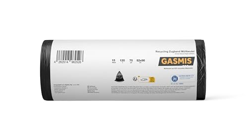 GASMIS Müllbeutel mit Zugband 120L – 15 Stück | Recycling Abfallsäcke 70 µm, extrem reißfest | Müllsäcke für Garten, Haushalt & Gewerbe | Blauer Engel zertifiziert von GASMIS