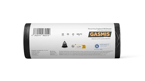 GASMIS Müllbeutel mit Zugband 60L – 20 Stück | Recycling Abfallsäcke 45 µm, extra stark & auslaufsicher | Mülltüten für Haushalt & Garten | Blauer Engel zertifiziert von GASMIS