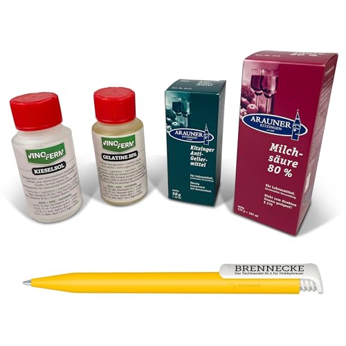Weinherstellung Starterset: Kieselsol 100ml, Klärungsmittel Gelatine 30% VINOFERM 100ml Arauner Antigeliermittel 50g, Arauner Milchsäure 80% 125g Schönungsmittel Weinherstellung Starterset: Kieselsol 100ml, Klärungsmittel Gelatine 30% VINOFERM 100ml Arauner Antigeliermittel 50g, Arauner Milchsäure 80% 125g Schönungsmittel von GASTRO BRENNECKE - SEIT 1984 -