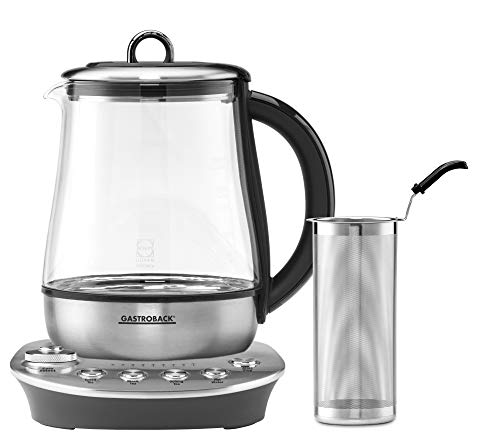 Gastroback 42434 Design Tea Aroma Plus, Wasserkocher, Teezubereiter, Teeautomat, 8 Teeprogramme (60 - 100°C) 1,5 Liter Glasbehälter, 1.400 Watt, Glas, silber, schwarz von GASTROBACK