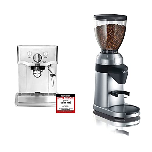 GASTROBACK 42709 Design Espresso Pro, Espressomaschine mit Siebträger, Milchaufschäumdüse, 15 bar, 1.5 L, Thermoblock-Heizsystem, 18/8 Edelstahl & Graef Kaffeemühle CM 800, Silber von GASTROBACK