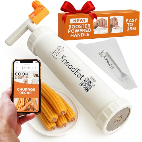 KneadEat Churro Maker Kit mit Booster-betriebenem Griff Churrera und Spritzbeutel Churros Füller Einfacher QR-Rezept zum Zubereiten und Befüllen eigener Churros zu Hause - KneadEat Cookie Press - von KneadEat