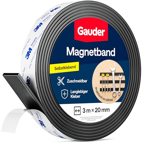 GAUDER Magnetband selbstklebend mit 3M-Kleber - Stark haftender Magnetstreifen zuschneidbar - Magnetklebeband mit hoher Magnetkraft & zuverlässiger 3M-Klebeschicht (3 m x 20 mm) von GAUDER