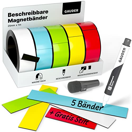 GAUDER 5x Magnetstreifen beschreibbar | Magnetstreifen zum Beschriften | Beschreibbare Magnetstreifen bunt (25 mm x 1 m) von GAUDER