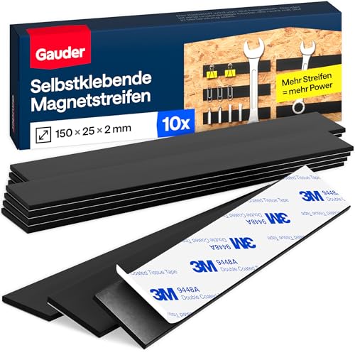 GAUDER Adhesive Magnetic Strips - Strong Magnetic Tape for Attaching Metal Items - Pre-Cut Self-Adhesive Magnet Strips (10 Pieces - 15 cm x 25 mm x 2 mm) von GAUDER