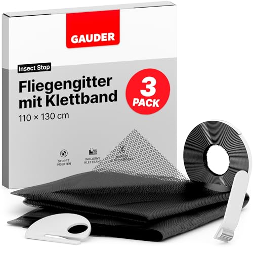 GAUDER Fliegengitter für Fenster (3 Stück | 110 x 130 cm | schwarz) aus Polyester | Insektenschutz Fenster | Fliegennetz ohne Bohren | Mückennetz | Fliegengitter Fenster & Tür von GAUDER