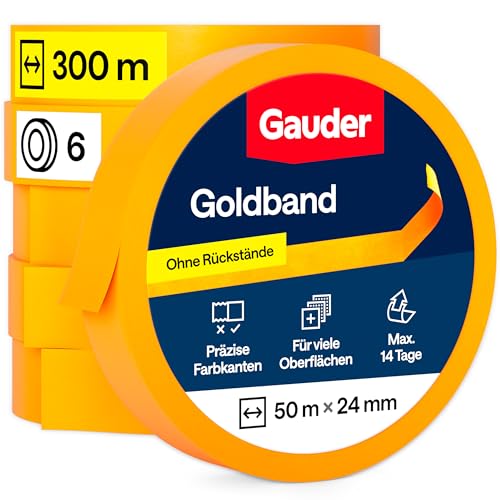 GAUDER Goldband aus Premium Washi Tape für präzise Farbkanten - Rückstandsfreies Malerkrepp, Profi-Kreppband und Abdeckband | Malerband zum Streichen und Lackieren (6 Rollen - 24 mm x 50 m) von GAUDER