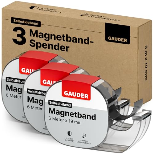 GAUDER Magnetic Tape Dispenser - Self-Adhesive Magnetic Strips for Lightweight Objects - Cuttable Magnet Tape Roll for Attaching Postcards & Photos to Metal Surfaces (3 PCS each 6 m x 19 mm) von GAUDER