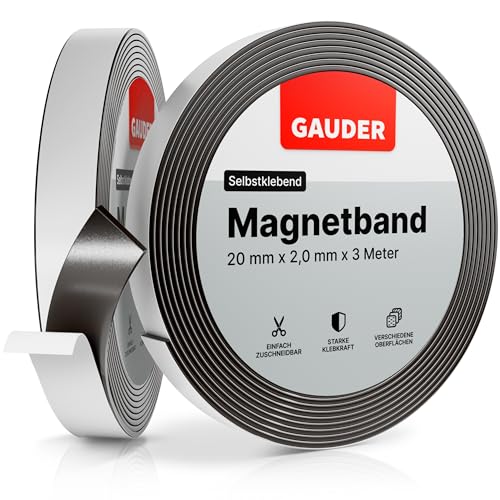 GAUDER Magnetband selbstklebend stark (3 m x 20 mm) | Zuschneidbarer Magnetstreifen mit starkem Kleber | Magnetklebeband für Schule & Haushalt | Magnetklebestreifen mit optimierter Magnetkraft von GAUDER