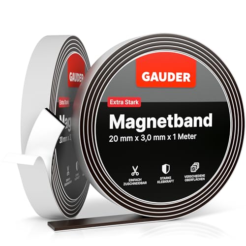 GAUDER Magnetband selbstklebend stark (1m x 20mm) | Magnetstreifen mit extra starkem Kleber | Magnetklebeband von GAUDER