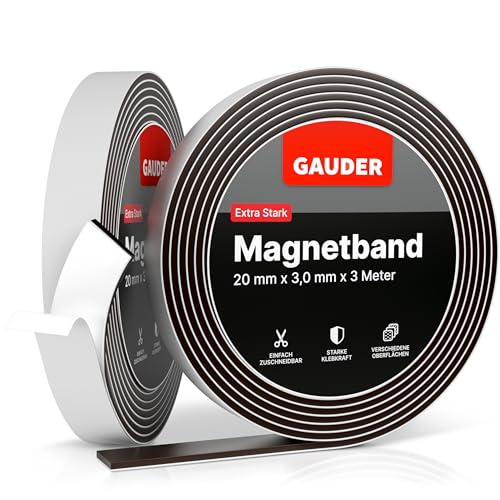 GAUDER Magnetband selbstklebend stark (3m x 20mm) | Magnetstreifen mit extra starkem Kleber | Magnetklebeband von GAUDER