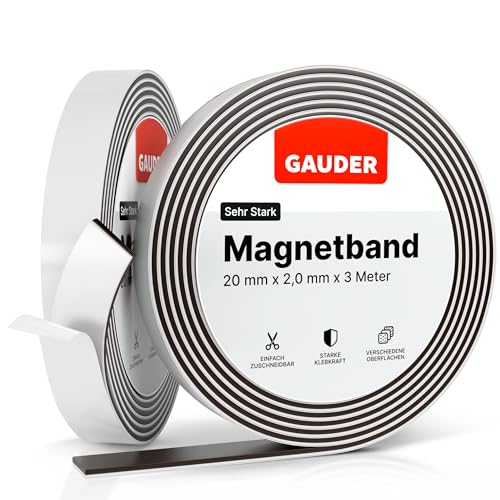 GAUDER Magnetband selbstklebend stark - Magnetstreifen mit Schaumstoff-Kleber für unebene Untergründe - Zuschneidbares Magnetklebeband mit hoher Haftkraft - Optimierte Magnetkraft (3 m x 20 mm) von GAUDER