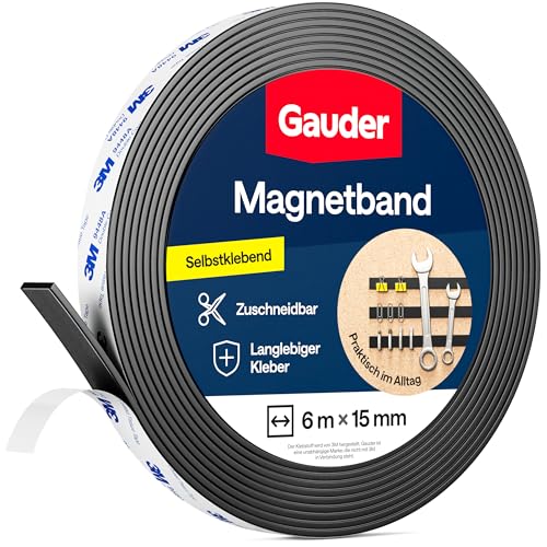 GAUDER Magnetband selbstklebend mit 3M-Kleber - Stark haftender Magnetstreifen zuschneidbar - Magnetklebeband mit hoher Magnetkraft & zuverlässiger 3M-Klebeschicht (6 m x 15 mm) von GAUDER