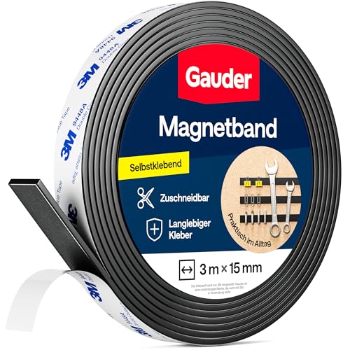 GAUDER Magnetband selbstklebend mit 3M-Kleber - Stark haftender Magnetstreifen zuschneidbar - Magnetklebeband mit hoher Magnetkraft & zuverlässiger 3M-Klebeschicht (3 m x 15 mm) von GAUDER