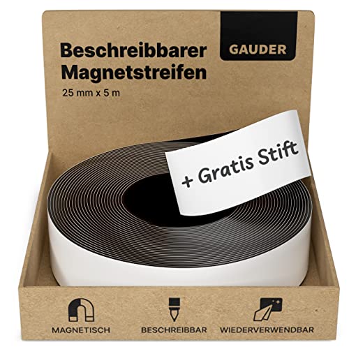 GAUDER Magnetstreifen beschreibbar | Magnetstreifen zum Beschriften | Beschreibbare Magnetstreifen weiß (25 mm x 5 m) von GAUDER